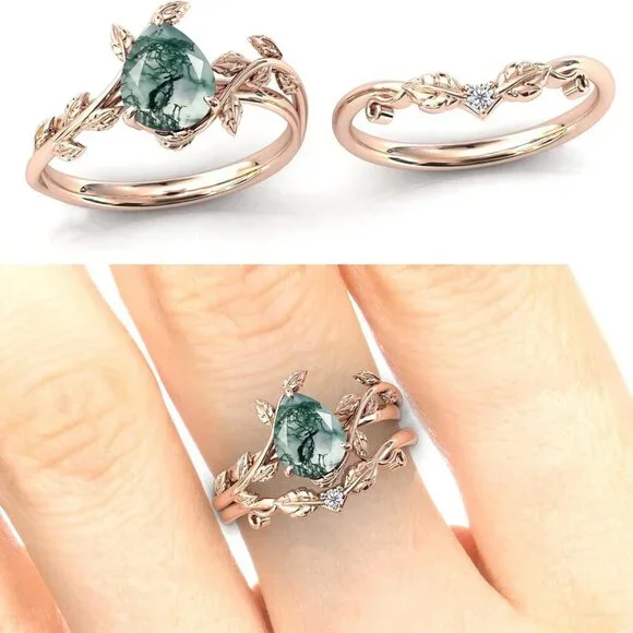 Natural Moss Agate Ring 925 Sterling Silver Moss Agate Engagement Ring Set Promi